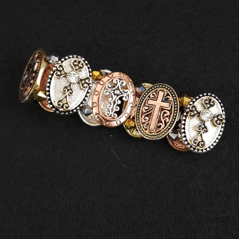 Vintage Ornate Cross Oval Panel Stretch Bracelet Copper  Silver Tone